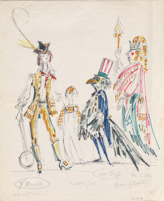 Croquis dessiné à la main. Cinq personnages aux couleurs et costumes assortis.