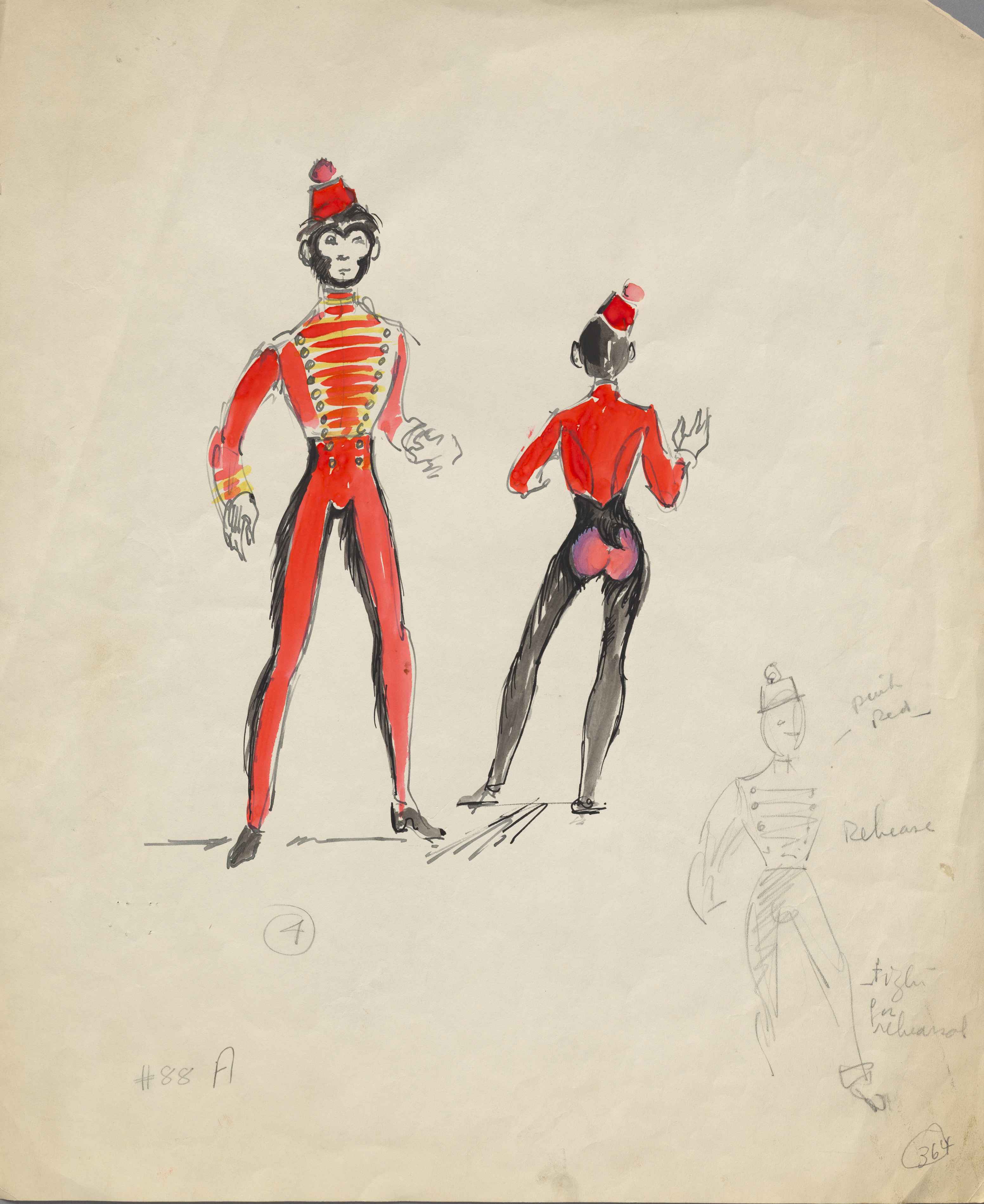 Croquis dessiné à la main. Deux modèles de costumes en rose, rouge, jaune, noir, gris et blanc pour un singe vêtu d'un uniforme de groom.
