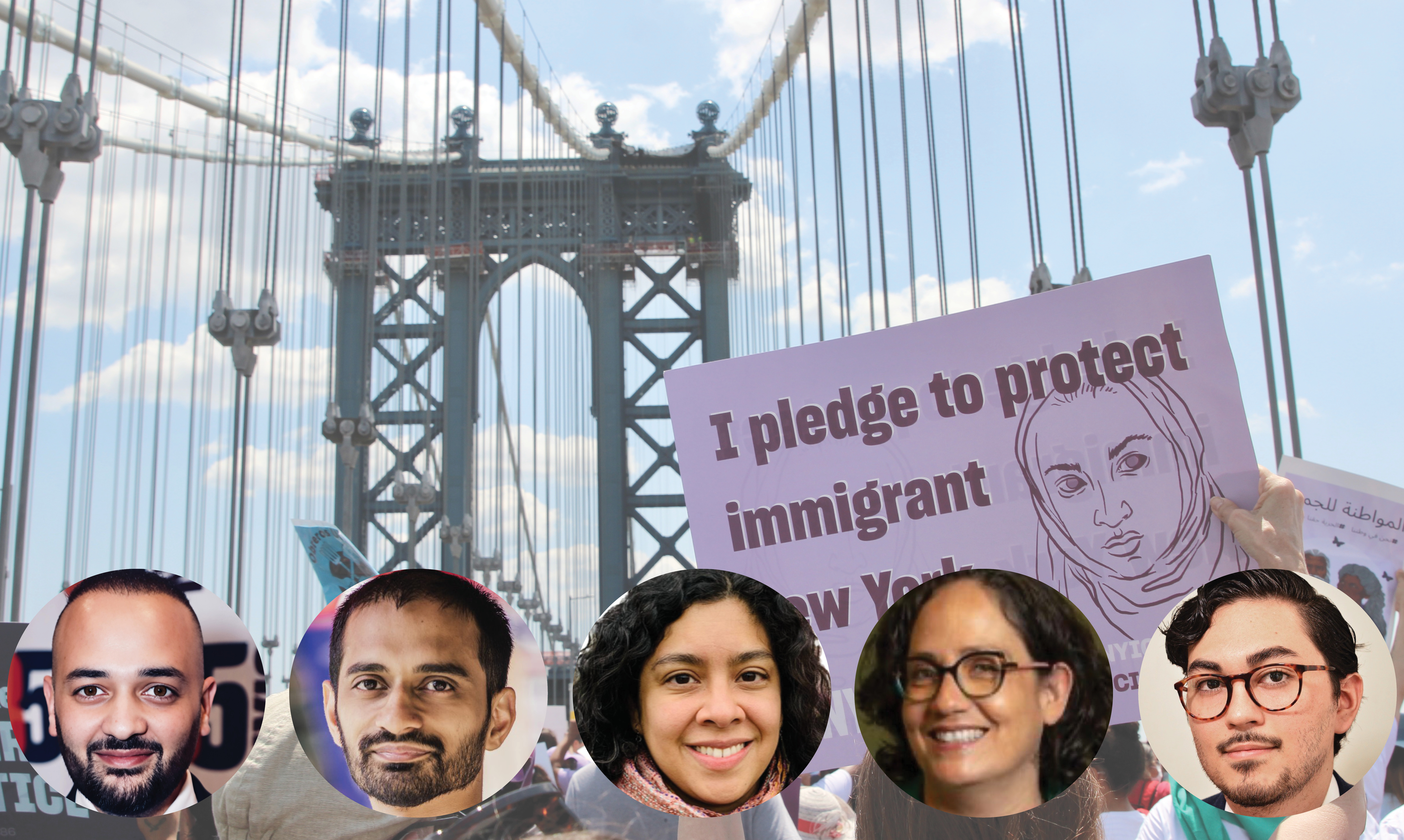 Cinco imagens de ícone de Murad Awawdeh, Fahd Ahmed, Nilbia Coyote e Dra. Carolina Bank Muñoz da esquerda para a direita, em cima da imagem de protesto de fundo