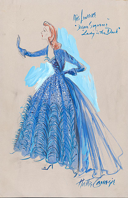 ミュージカル「レディ・イン・ザ・ダーク」の夢のシーケンスでガートルード・ローレンスが着用したドレスのハッティ・カーネギーによる水彩の衣装デザイン。