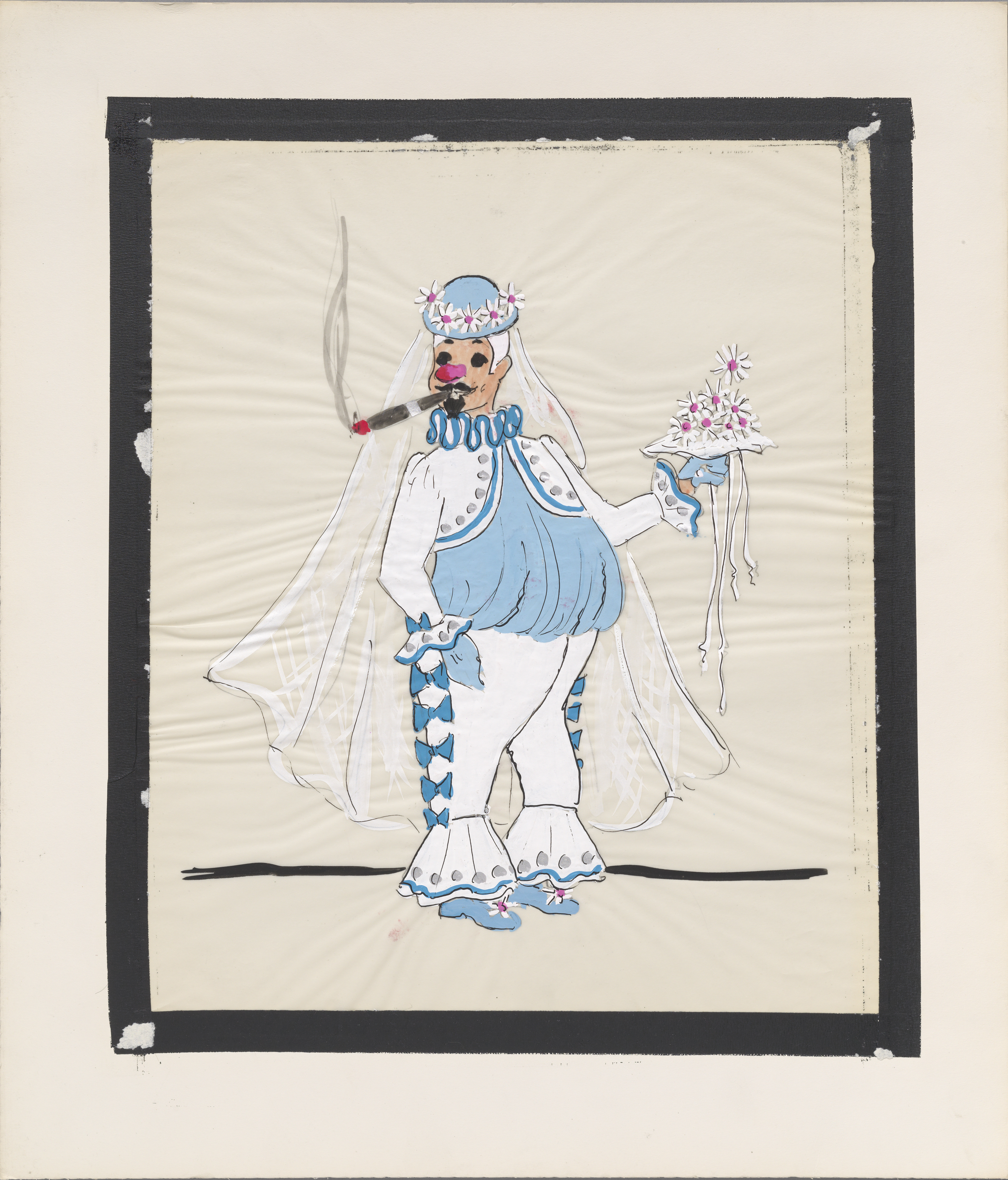 Croquis dessiné à la main. Conception de costumes représentant une figure de clown androgyne portant une veste boléro avec un voile et un bouquet fumant un cigare.