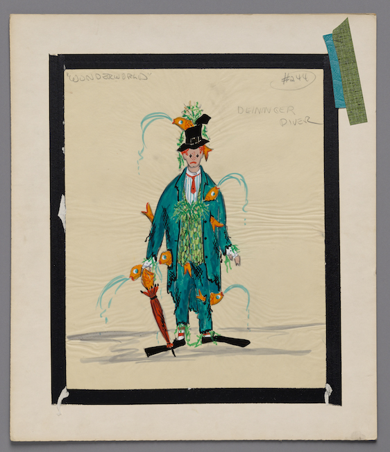 Croquis dessiné à la main. Conception de costumes pour un clown dans un costume vert mal ajusté rempli d'eau crachant du poisson.