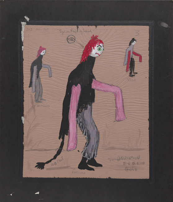 一个高个子的生物的服装草图，红色的头发，长长的粉红色的袖子和黑色的尾巴。