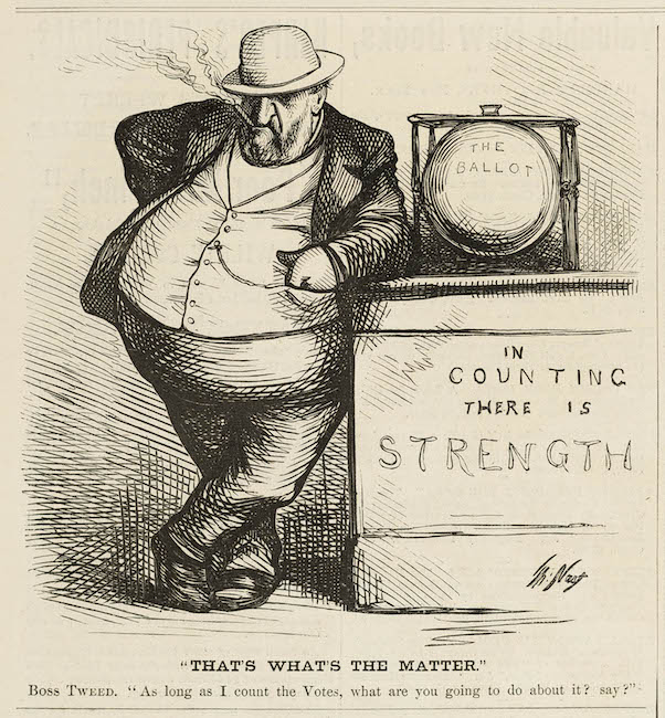 Gravura de cartoon político desenhado por Thomas Nast. O Tweed “Boss” está apoiado em uma urna eleitoral, que fica em um suporte que traz a inscrição: “Na contagem há força”.