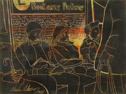 Crayon and acrylic painting of five seated and standing passengers on the L train to Rockaway Parkway