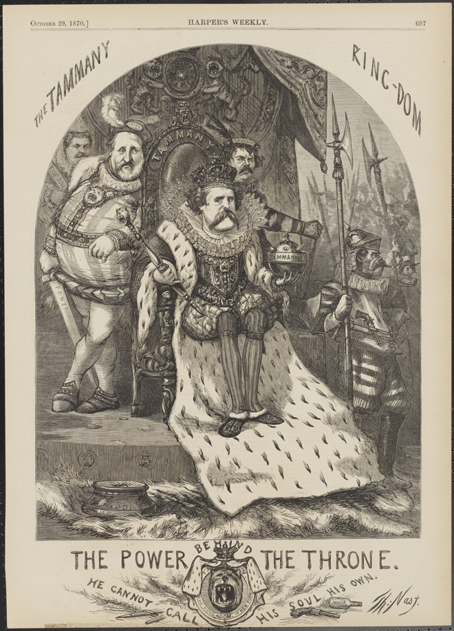 Thomas Nast (1840-1902). Le pouvoir derrière le trône «Il ne peut pas appeler son âme la sienne». 1870. Musée de la ville de New York. 99.124.7