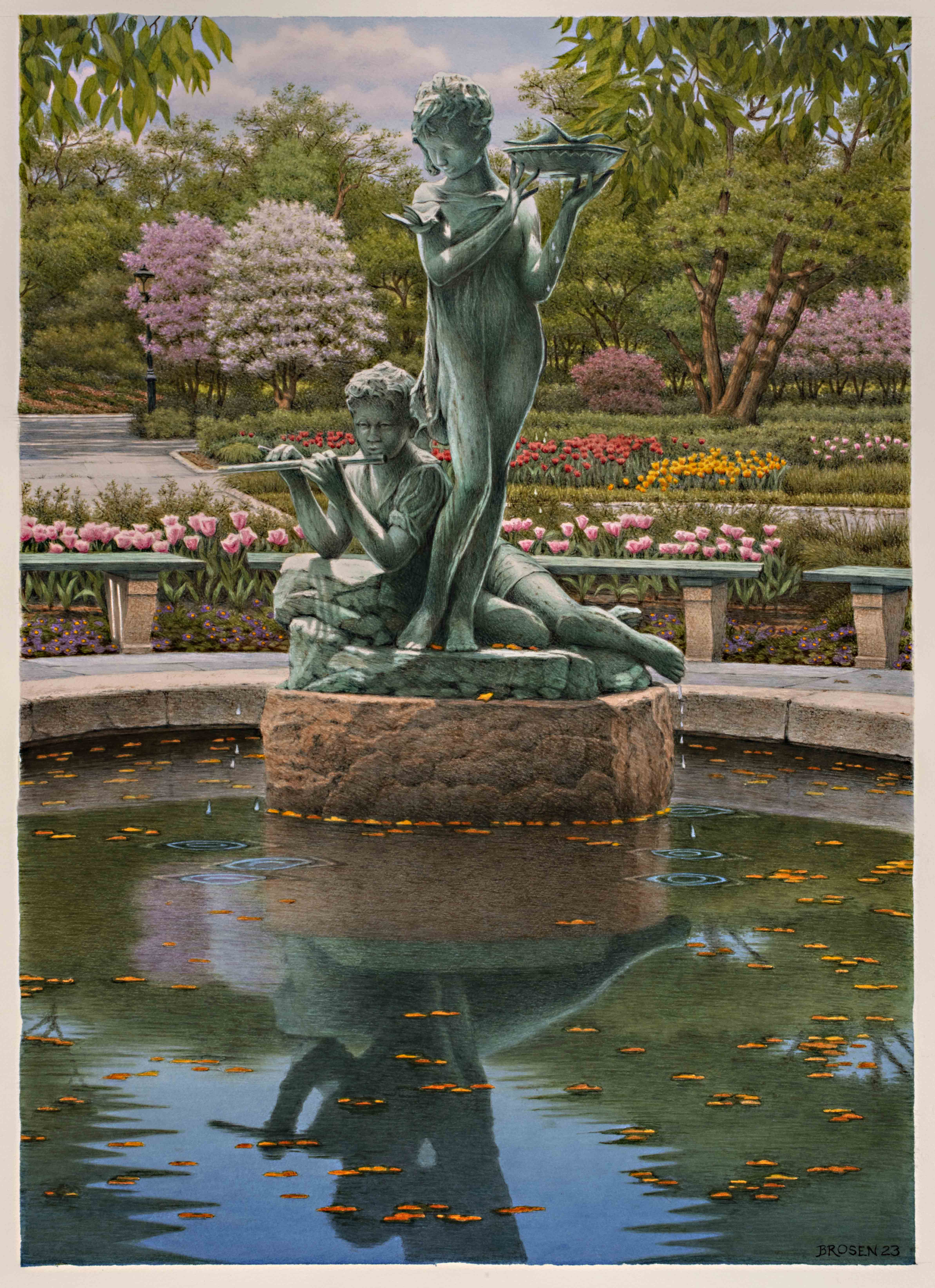 Una pintura de dos estatuas de figuras infantiles en una fuente con flores y árboles al fondo.