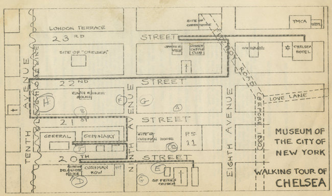 Hand-drawn map of a walking tour of Chelsea showing highlights between 8th and 10th avenues and 20th and 23rd streets.