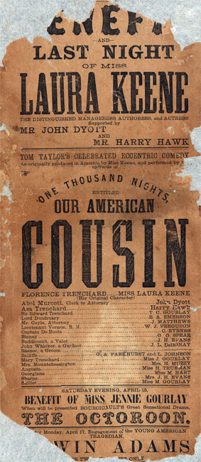 1865 년 워싱턴 DC의 포드 극장에서“우리의 미국 사촌”공연을 발표하는 브로드 사이드.