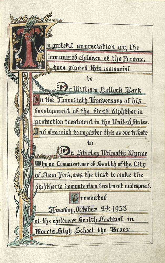 Book page with decoration on the left side, and text on the rest of the page thanking doctors for diphtheria immunizations 