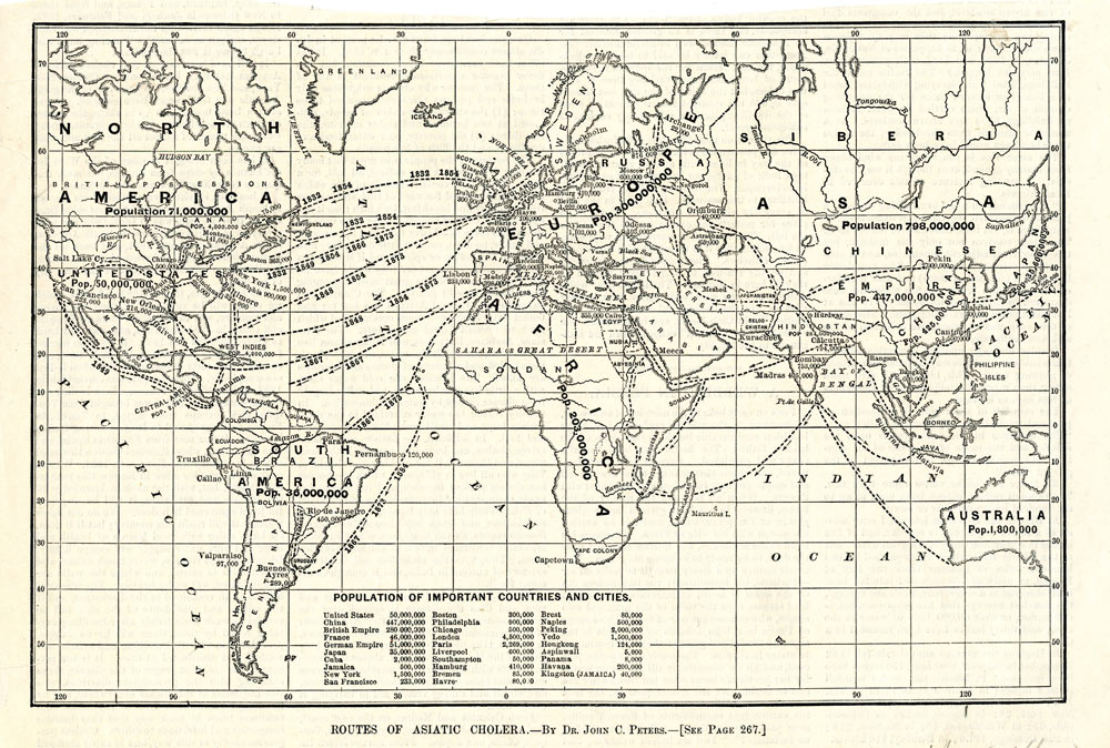 Black and white map of the world, with paths demonstrating the routes taken to travel between different nations