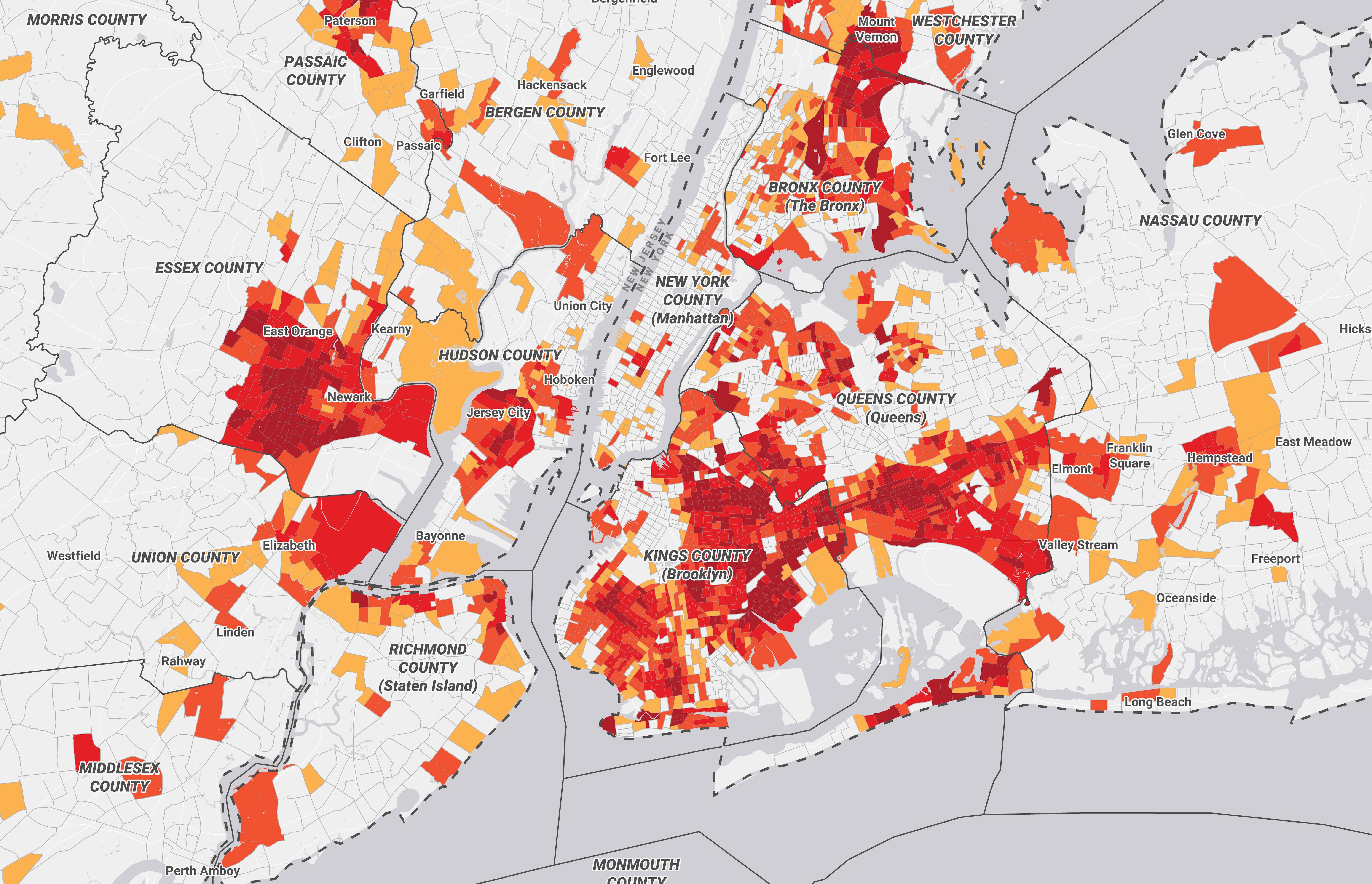 Gran mapa de la ciudad de Nueva York de las secciones censales en riesgo de un conteo insuficiente, 2019