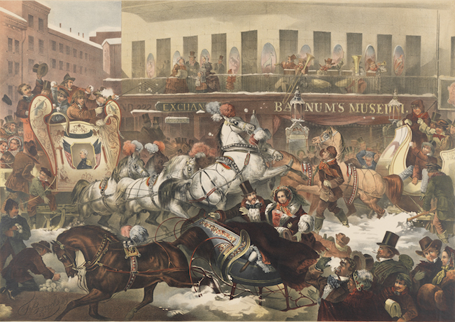 Una escena concurrida en una calle de la ciudad de Nueva York llena de carruajes tirados por caballos, trineos y gente caminando en la calle durante el invierno.