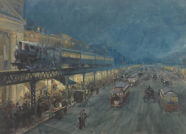 この水彩画は、夜に高架列車を引く蒸気機関車を示しています。 下のにぎやかな通りには、多くの歩行者と馬車があります。