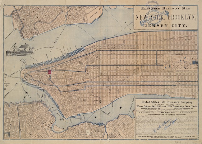 Mapa mostrando as linhas de trem elevado de Manhattan.
