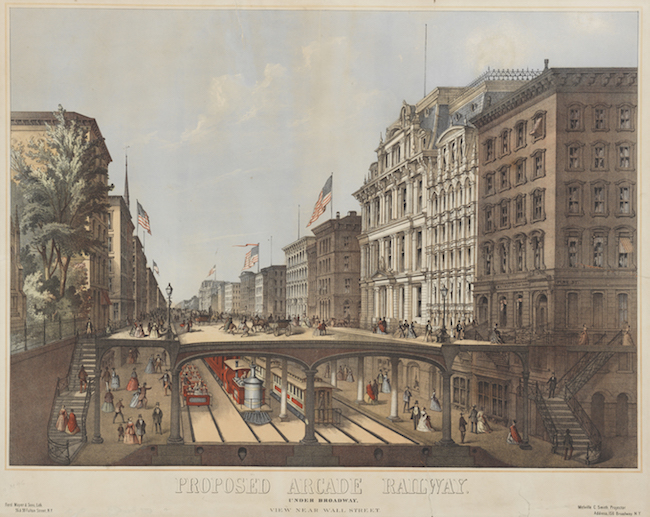 Dessin en couleur montrant une coupe d'une rue de la ville avec des bâtiments sur les côtés, des voies ferrées au sol et une plate-forme surélevée pour les piétons.