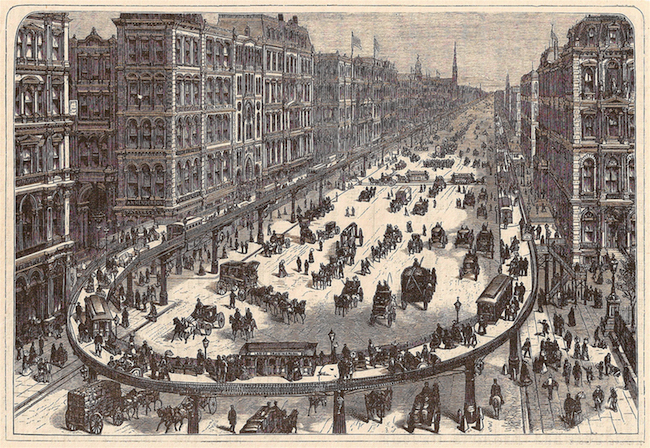 La gravure représente une rue animée de la ville remplie de chevaux, de charrettes et de gens. Une plate-forme courbe et surélevée avec des piétons supplémentaires et de petits stands borde la rue.