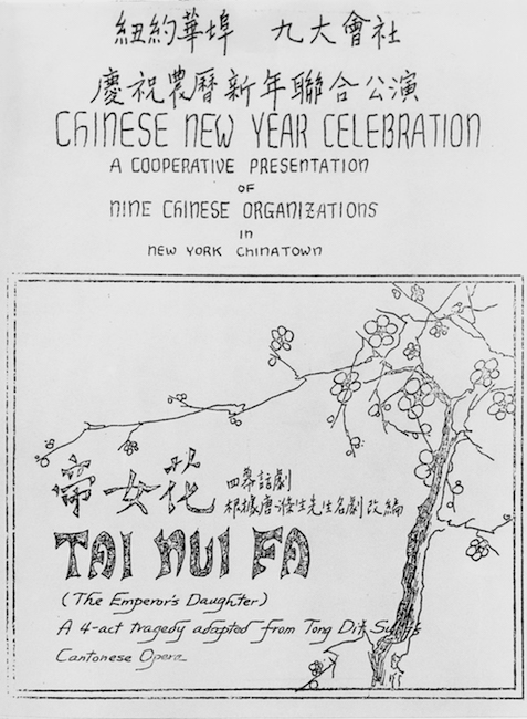 Couverture du programme pour le spectacle du Nouvel An Les caractères chinois et le texte anglais donnent le titre et les informations en haut de la page, un dessin d'une branche avec des fleurs avec du texte supplémentaire dans un cadre est ci-dessous.
