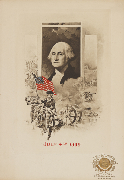 Cover of 1909 menu featuring a black and white portrait of George Washington and drawing of General Washington astride his horse, holding an American flag, with cannons and battlefield in the background.
