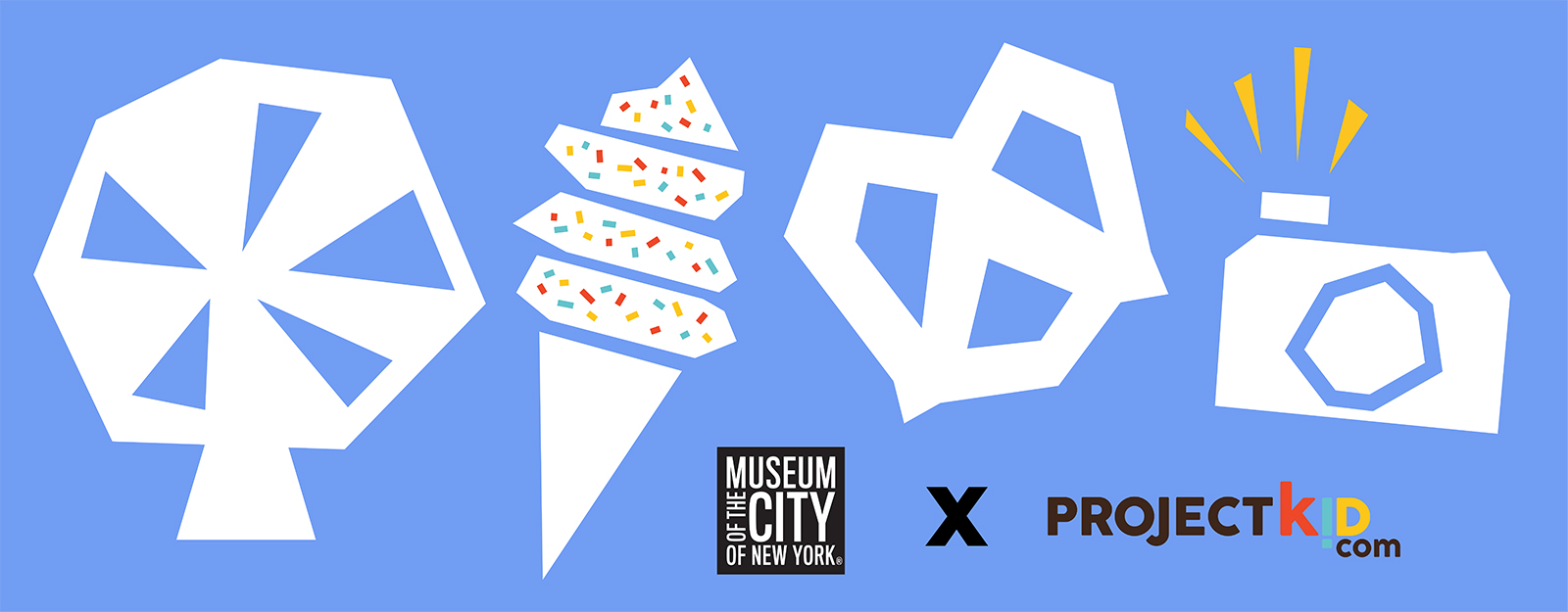 Imágenes de formas (una rueda de la fortuna, un cono de helado, un pretzel y una cámara) que parecen estar recortadas de papel flotando sobre un fondo azul claro, con los logotipos del Museo de la Ciudad de Nueva York y el Proyecto Kid.