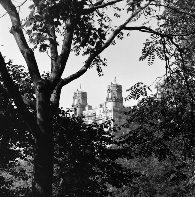 Foto em preto e branco das torres do Beresford vistas do Central Park.