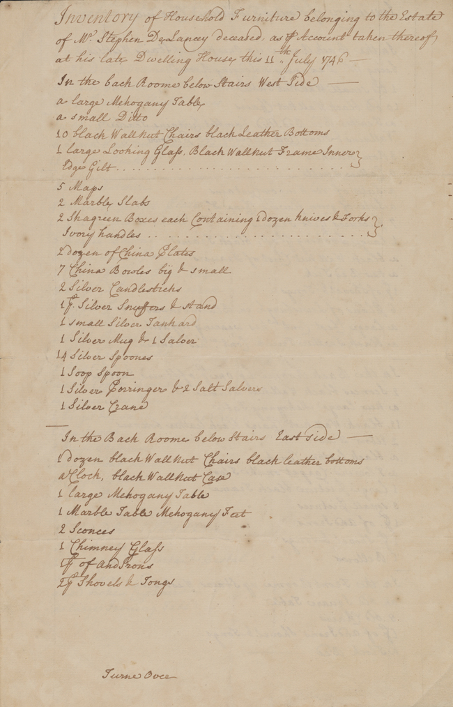 115年11月1746日，在百老汇XNUMX号斯蒂芬·德·兰西已故的豪宅中，手写的家居摆设清单