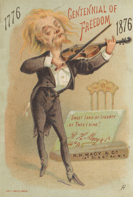 : Livreto do RH Macy & Co. na Rua Quatorze com a Sexta Avenida, mostrando um homem tocando violino.