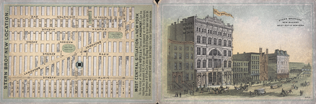 Trade card with map showing location of Stern Brothers and image of new building on West 23rd Street.