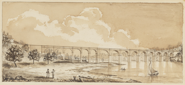 ハーレム川のクロトン水道橋のインク描画。 左下には海岸に二人立っています。 小さなボートが右下の川にあります。 大きな雲が水道橋の周りの空を満たします。