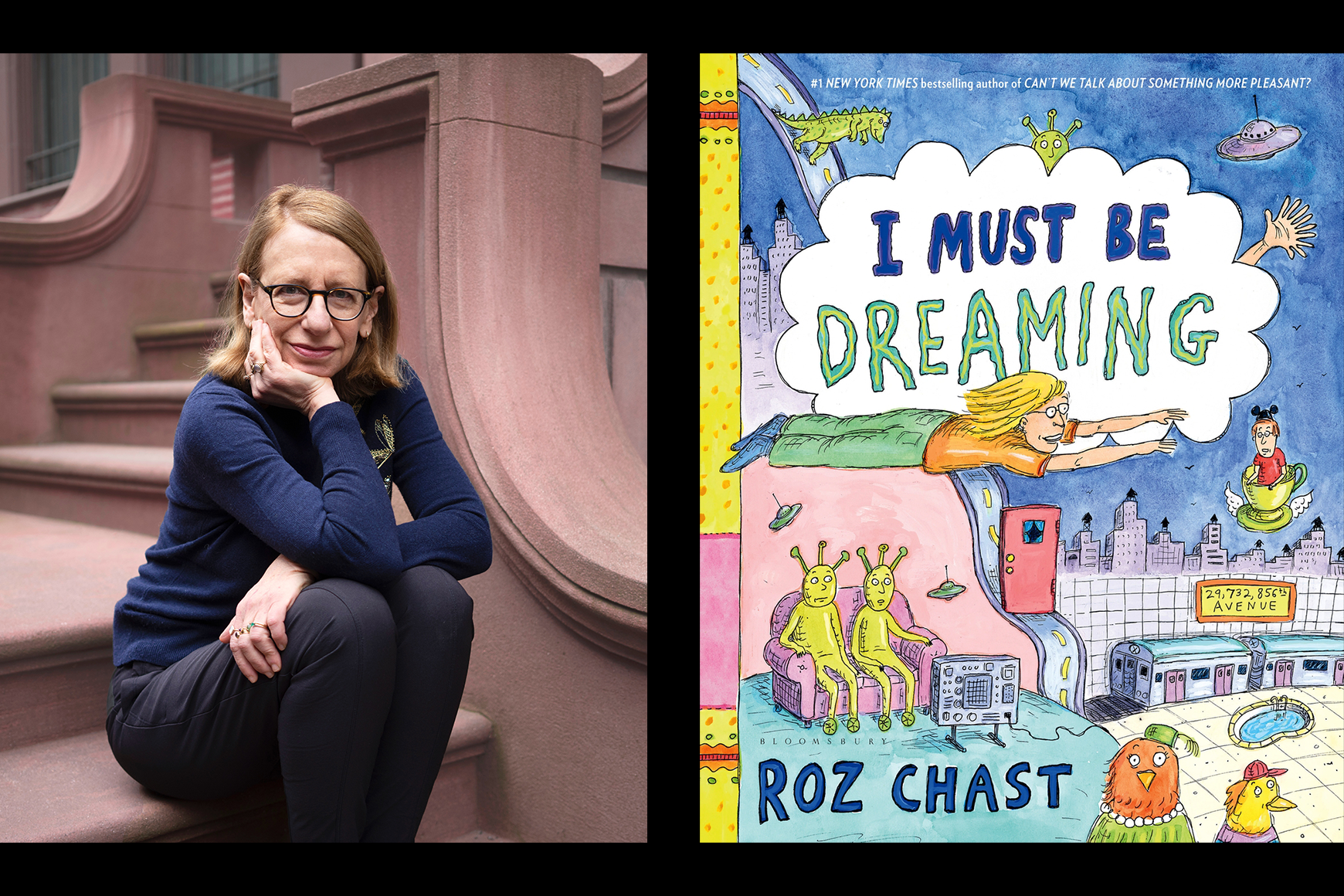 Esquerda: Imagem de Roz Chast sentada na varanda de arenito Direita: Gráfico colorido Capa do livro "I Must Be Dreaming"