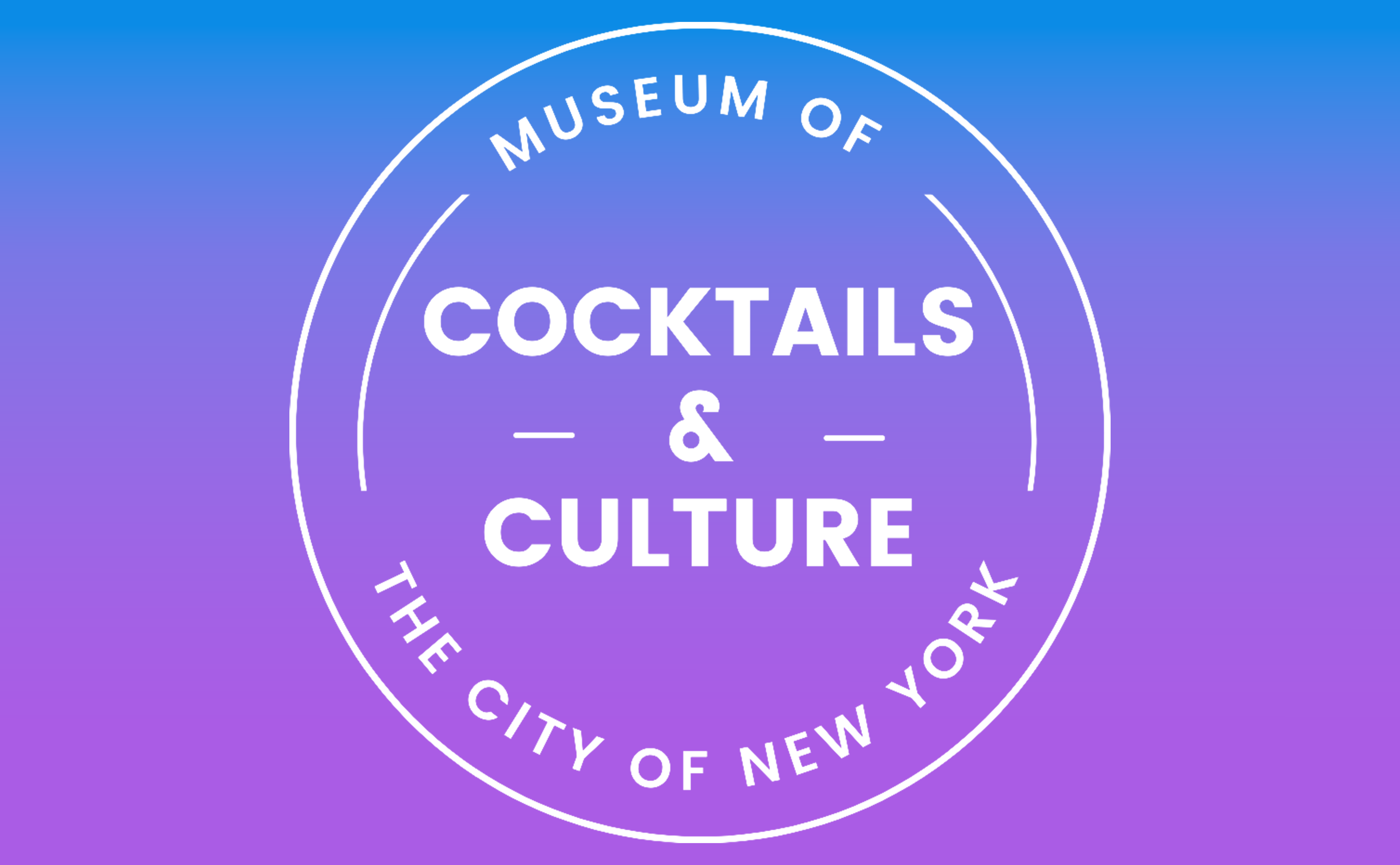 Les mots "Cocktails & Culture" dans un cercle blanc sur fond bleu et violet.