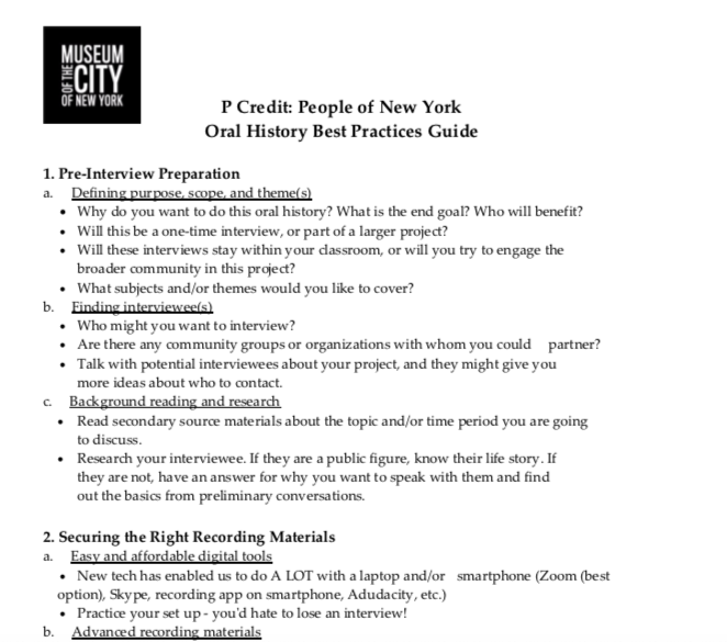 El documento muestra la Guía de mejores prácticas de historia oral creada por el personal de MCNY. Esta vista muestra los puntos 1 y 2.