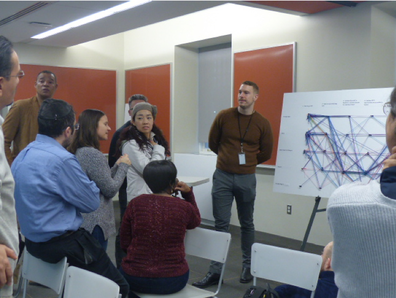 Los maestros discuten una visualización de datos que utiliza hilos de hilo para trazar sus respuestas a preguntas sobre sus actitudes hacia el presente y el futuro de la ciudad de Nueva York