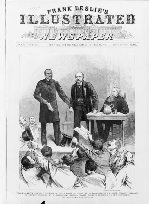 16年1886月XNUMX日的插图报纸封面显示，黑人劳工领袖弗兰克·费雷尔（Frank Ferrell）向弗吉尼亚州里士满的大多数白人观众致辞。