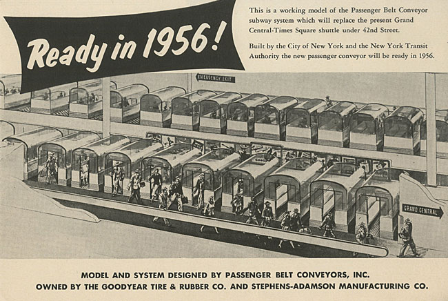brochura intitulada “Pronto em 1956!”, com ilustração de carros de passageiros na correia transportadora