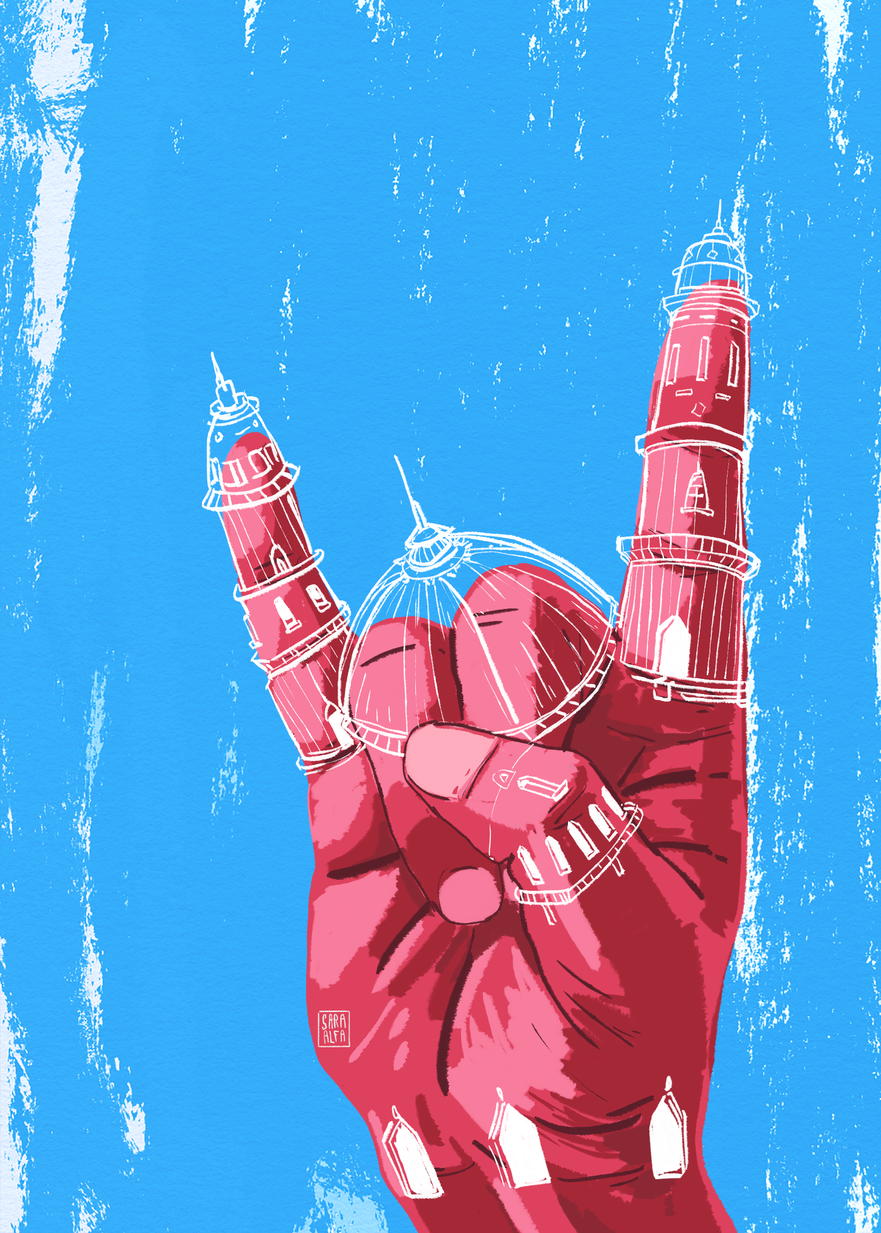 Uma ilustração mostrando elementos arquitetônicos popularmente associados a mesquitas, como minaretes e cúpulas, justapostos ao símbolo “Rock On”.