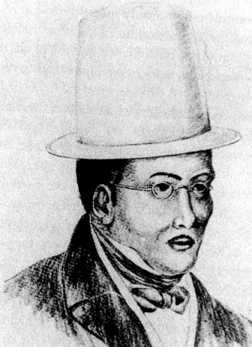 Un dibujo de la cabeza y los hombros de un hombre negro de perfil. El hombre viste traje, sombrero de copa y anteojos y tiene una corbata elegantemente atada alrededor de su cuello.