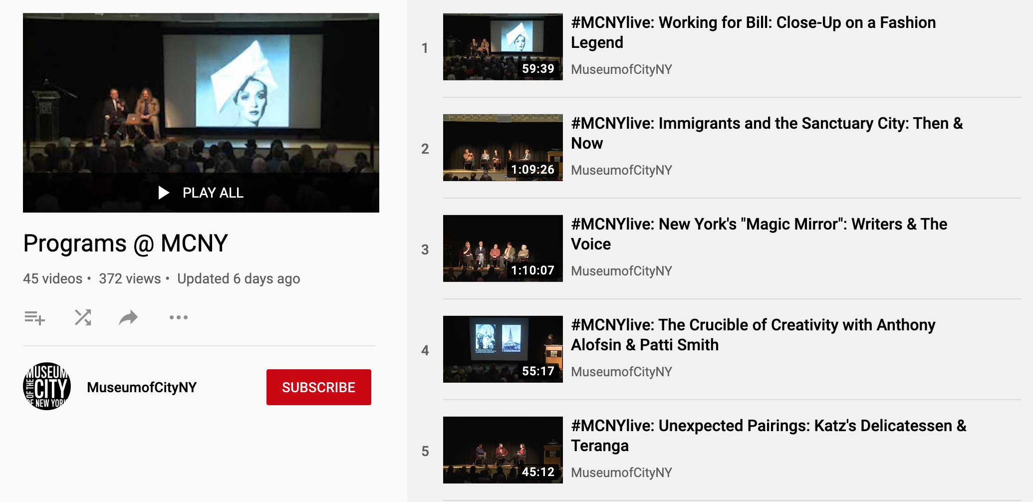 Vignette de la liste de lecture Programmes @ MCNY YouTube