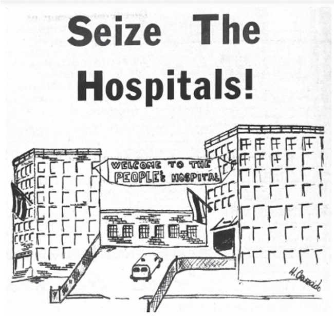 Une illustration montrant l'hôpital Lincoln avec une bannière posée au-dessus du bâtiment sur laquelle on peut lire «Bienvenue à l'hôpital du peuple». L'illustration s'intitule «Saisir les hôpitaux!»