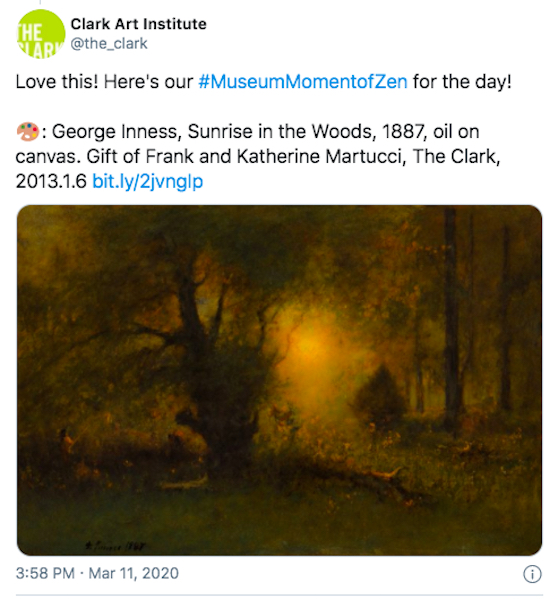 Captura de pantalla del tweet del Clark Art Institute con #MuseumMomentOfZen.
