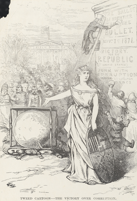 大きな投票箱の前に立って指さしている古典的なドレスを着た女性の絵。