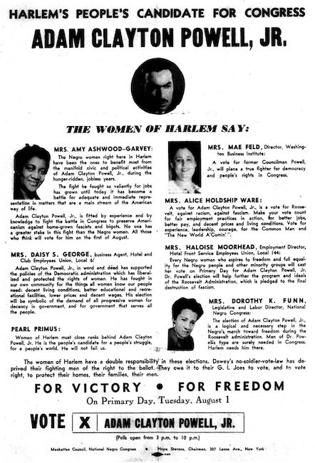 Brochure avec citations et portraits de personnes. Le titre est "Le candidat du peuple de Harlem au Congrès Adam Clayton Powell, Jr.
