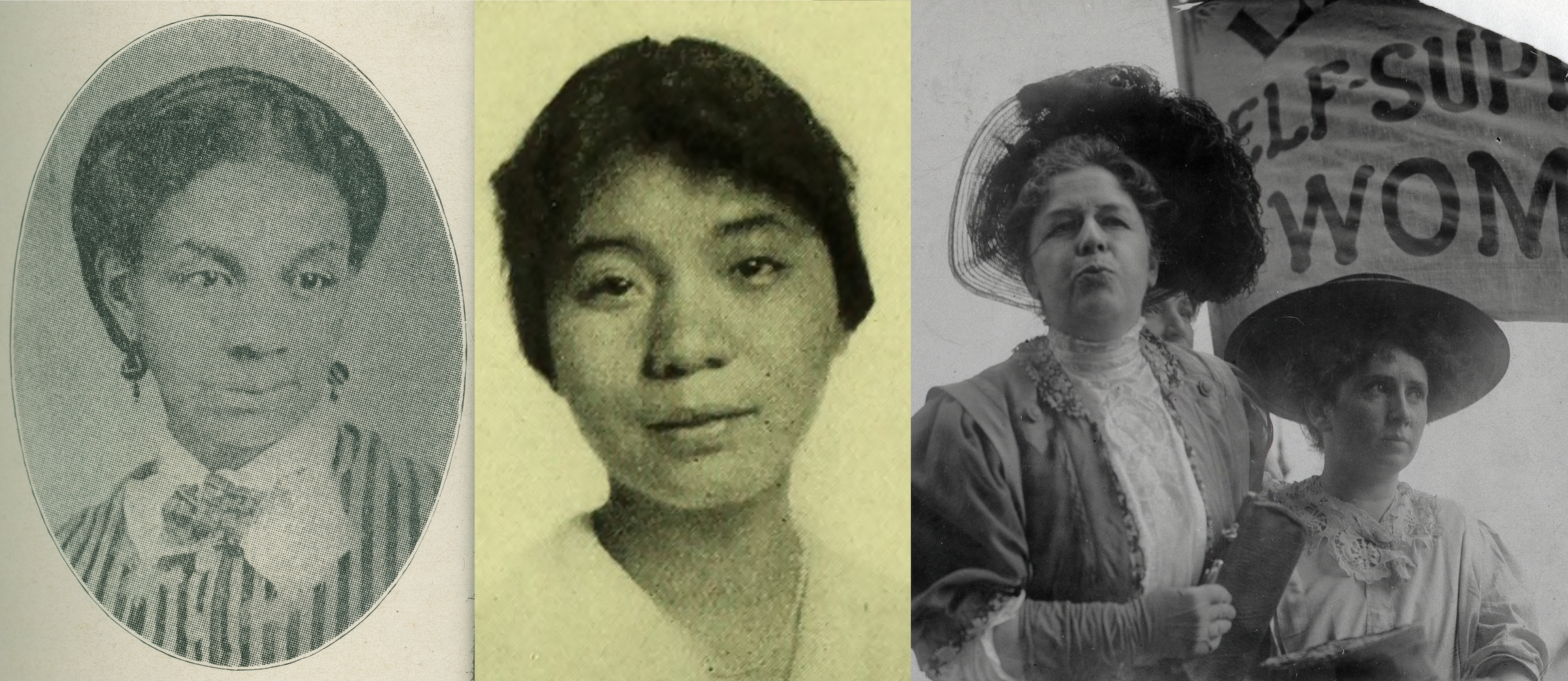 Image de bannière avec portraits de Sarah JS Tompkins Garnet et Mabel Lee, et image de Harriot Stanton Blatch et Rose Schneiderman