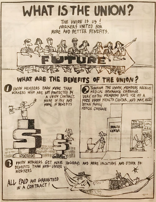 En un folleto de principios de la década de 1990, el Local 23-25 ​​del Sindicato Internacional de Trabajadores de la Confección de Damas (ILGWU) promueve los beneficios de la afiliación sindical en inglés.