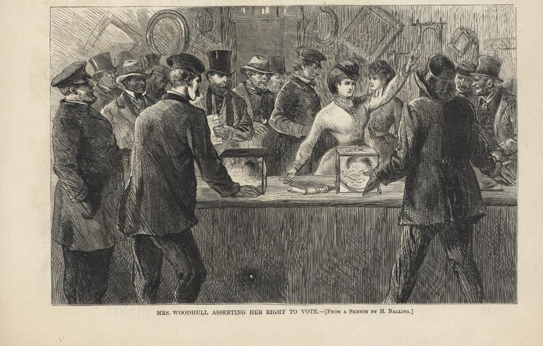 Gravura de um desenho animado de Victoria Hoodhull tentando lançar um voto em uma urna de vidro.