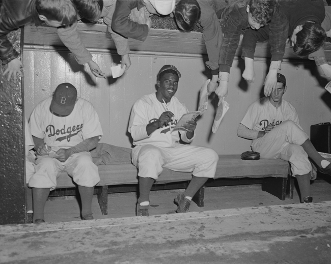 Frank Bauman [Jackie Robinson, Dodgers dugout, Ebbets Field] 1949