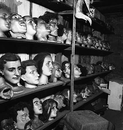 Des têtes de cire sont assises sur des étagères dans l'atelier de Hattie McKeever