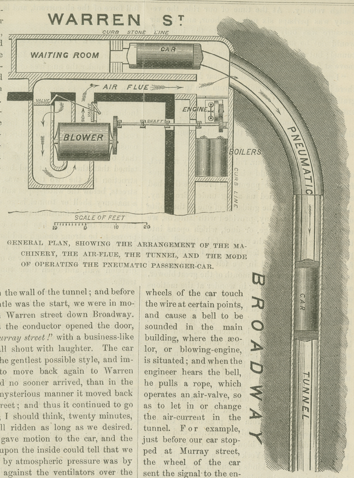 에페 메라 컬렉션 (Ephemera Collection)의 1871 년 브로드 웨이 공압 지하 철도 (Broadway Pneumatic Underground Railway)의 그림은“기계, 공기 플루트, 터널 및 공압 승용차 작동 방식을 보여주는 일반 계획”입니다. 뉴욕시 박물관. 42.314.142
