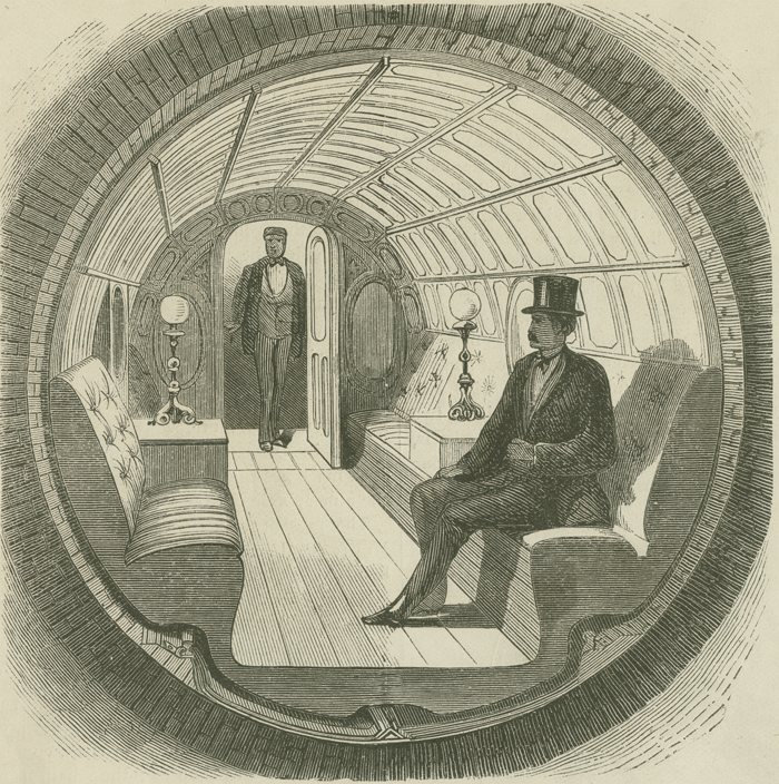 “Under Broadway – Interior of Passenger-Car,” illustration from The Broadway Pneumatic Underground Railway, 1871, in the Ephemera Collection. Museum of the City of New York. 42.314.142