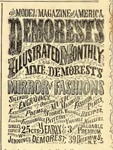 Publicité du Demorest's Illustrated Monthly et Mme. Miroir des modes de Demorest, avril 1865.